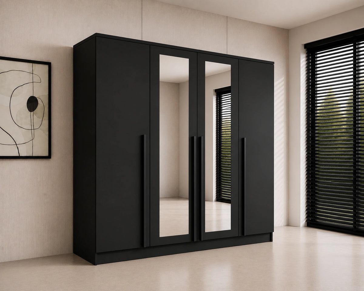 kledingkast-200x61x207-cm-zwart-mat-4-deurs-2-spiegeldeuren-slaapkamer