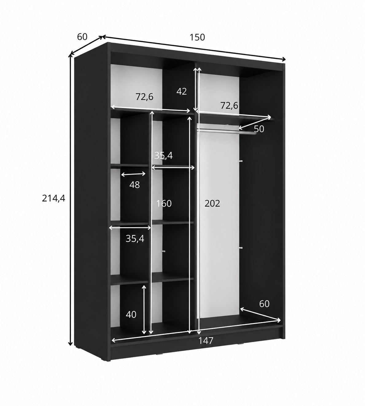 Kledingkast Alicante - Zwart mat -Eiken - Met spiegel - 150cm x 215cm