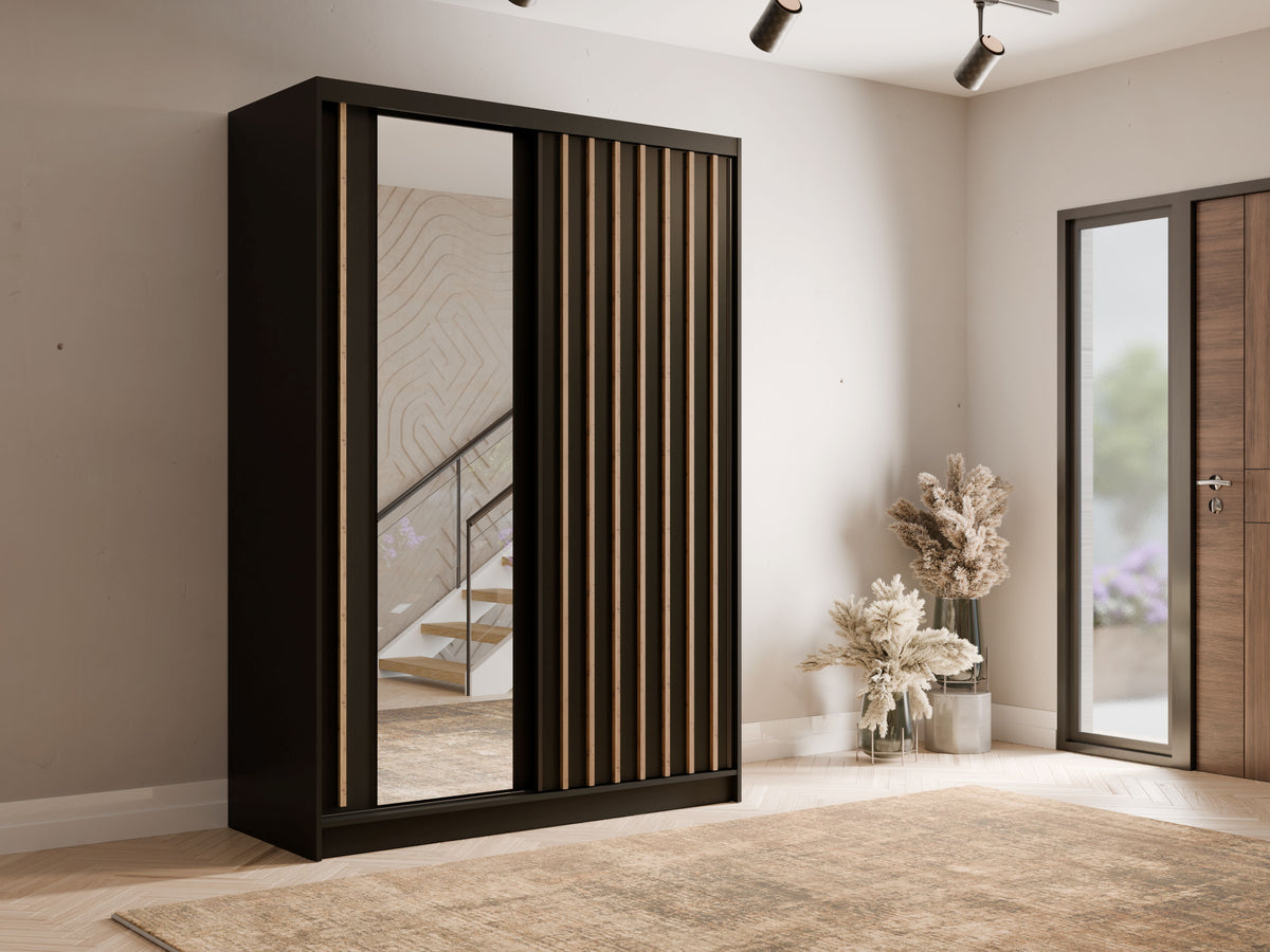 Kledingkast Alicante - Zwart mat -Eiken - Met spiegel - 150cm x 215cm